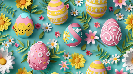 Wall Mural - brightly colored easter eggs with flowers and daisies on a blue background