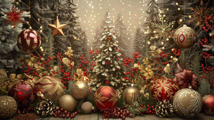 Wall Mural - christmas decorations on a wooden table with a christmas tree in the background