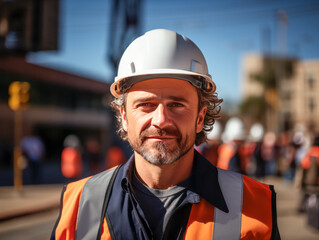 A male construction worker in a white helmet and orange vest smiles at the camera, urban site in the background, showcasing safety at work. Generative AI