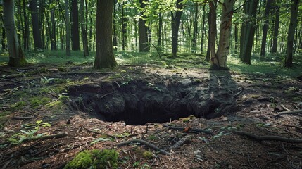 Large ground hole in forest. Really dangerous.
