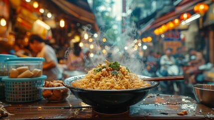 Wall Mural - A bowl of noodles with a lot of steam coming out of it