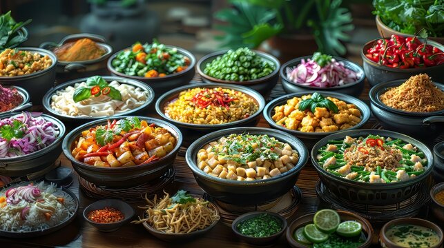 A table full of food with many bowls of different types of food