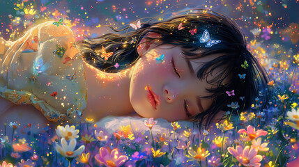 Sticker - there is a young girl sleeping in a field of flowers
