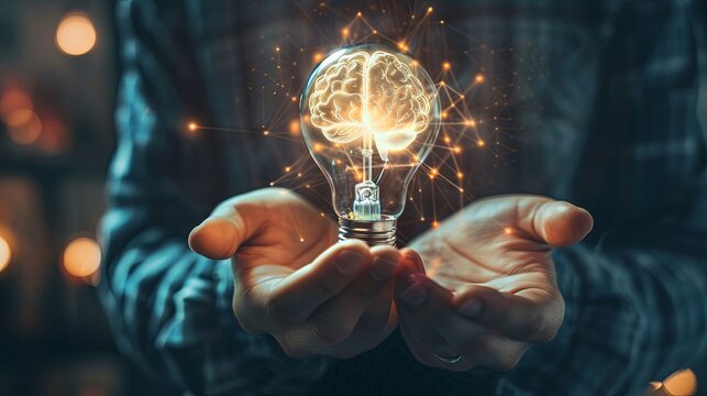A close-up of hands holding glowing brain shaped light bulb, representing innovation at work - Innovative Ideas in Action