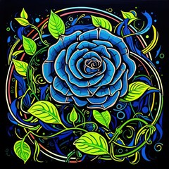 Poster - a painting of a blue rose surrounded by green leaves