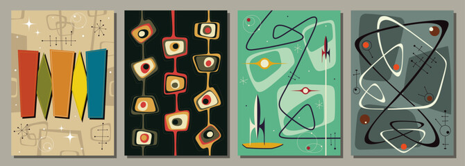 Wall Mural - 1950s - 1960s space age style backgrounds, vector template for retro party posters, invitations, ill