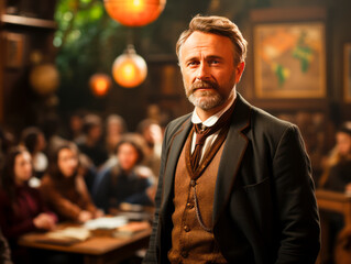 Aufkleber - A mature man in front of a classroom with students, with a warm, ambient lighting and a vintage aesthetic, evoking a concept of education. Generative AI