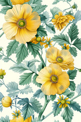Wall Mural - there is a yellow flower with green leaves on a white background