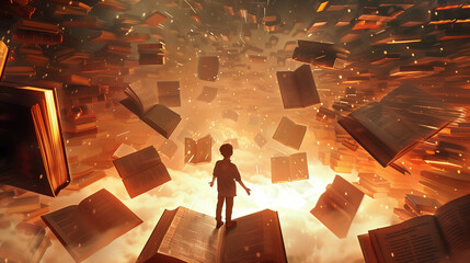 Wall Mural - there is a man standing in the middle of a room with books flying around