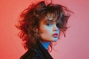 Wall Mural - Young woman with 1980s hairstyle and makeup on pink background