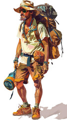 A digital illustration of a hiker carrying a large backpack, dressed in casual outdoor attire, sunglasses, and hat, with a water bottle in hand.