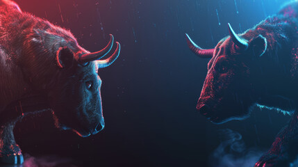 Two bulls facing each other with one of them having a red nose