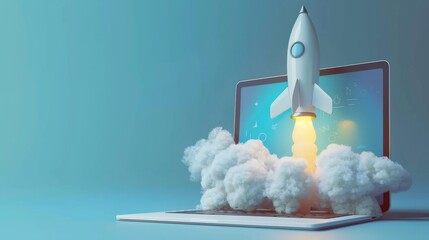 Canvas Print - Rocket coming out of laptop screen, blue background. AI digital illustration