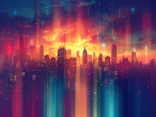 Poster - A colorful cityscape with bright hues, digital art on an abstract background, depicting a creative concept. Generative AI
