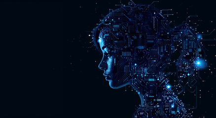 Aufkleber - A digital illustration of a human profile intertwined with circuitry, set against a starry space-like background, concept of technology and humanity. Generative AI