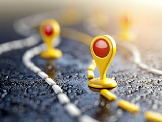 Poster - Yellow map pointers on a road, realistic style, blurred background, concept of navigation. Generative AI