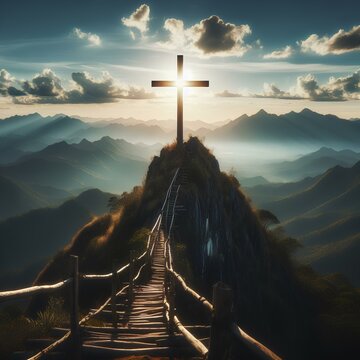 Cross over a mountain with blue sky background