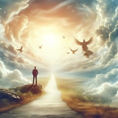 Wall Mural - Faith. Heavenly background. Man standing on a path to the heavens.