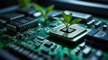 A green plant is growing out of a computer chip.

