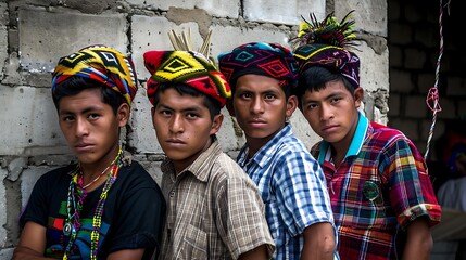 Young men of Guatemala. Guatemalan men.Four young indigenous men wearing traditional headwear pose for a cultural portrait against a rustic background. 