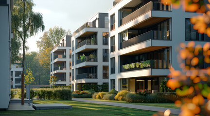 Poster - A modern apartment block near a park. Generative AI.