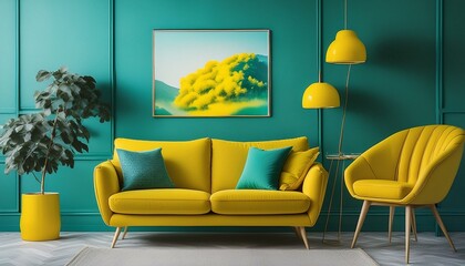 Modern Living Room: Yellow Furniture and Teal Wall in Scandinavian Design