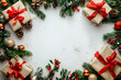 © LARTs Studio - Beautifully wrapped presents adorned with red ribbons nestled among pinecones, evergreen branches, and festive ornaments, capturing the essence of a joyful and traditional Christmas celebration, copy