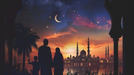 A Family at window looking at Islamic city with mosque skyline, crescent moon and stars