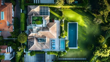 Wall Mural - Aerial top view of villa house with pool, lawn and garage, with exterior view, Architecture design, personal house for relaxing after work, beautiful sweet home