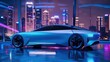 © mangsi - Sleek concept vehicle showcased on an illuminated high-tech stage with city background. 3d rendering, Sticker, Excited, Neon, Geometric, Contour, Vector, White Background, Detailed
