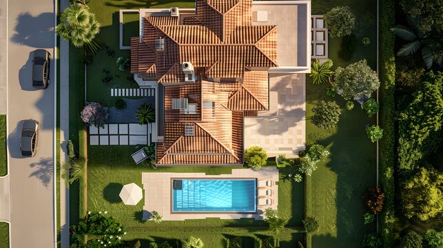 Aerial top view of villa house with pool, lawn and garage, with exterior view, Architecture design, personal house for relaxing after work, beautiful sweet home