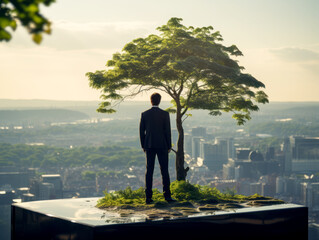 Poster - A man in a suit stands beside a lone tree on a platform, overlooking a cityscape, symbolizing environmental concept, day time. Generative AI