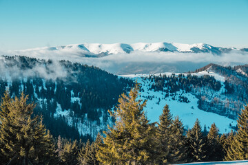 Alpine mountains landscape with white snow and blue sky. Sunset winter in nature. Frosty trees under warm sunlight. Wintry landscape. Donovaly, Low tatras