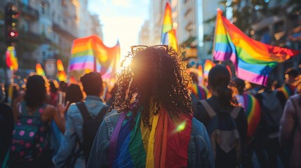 A group of people with rainbow scarves at a Pride march