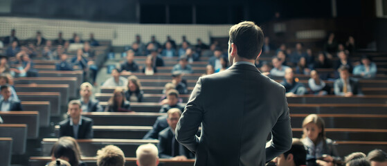 Poster - A speaker facing an audience in a conference hall, with focus on him against a blurry background, depicting a leadership seminar concept. Generative AI