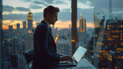 Wall Mural - Businessman in suit using laptop in office near window overlooking big city. Generative AI.