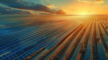 Poster - A massive amount of solar panels spread over a plain, bird view. Generative AI.
