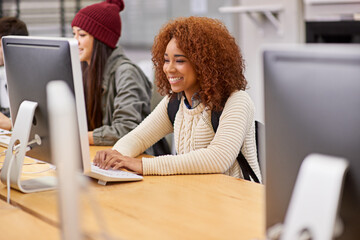 Poster - Woman, student and computer for affirmative action, online course and study with scholarship resources at college. Female person, learning and virtual class in library for tech and internet access.
