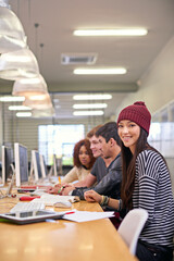 Poster - Study group, student and portrait of girl in library for education, assignment or academic research. Campus, college or university for learning, female scholar or friends for essay project by desktop