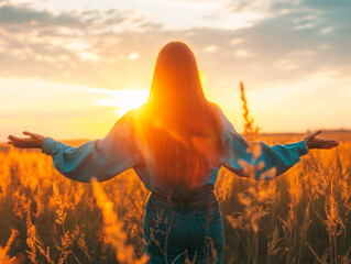 Poster - Woman with arms spread in a field at sunset, symbolizing freedom or inspiration, set against an orange and blue sky. Generative AI