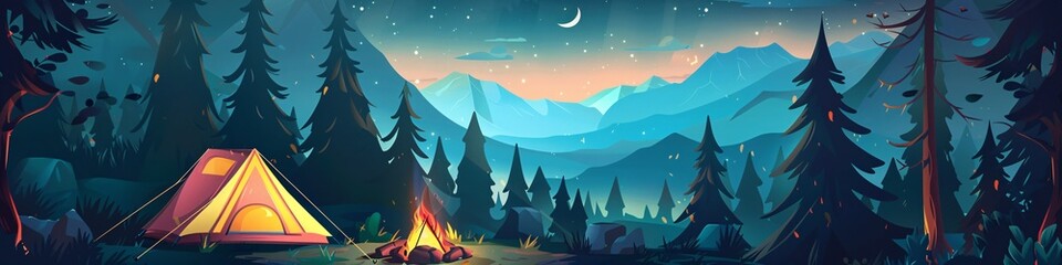 Wall Mural - illustration of night scene of Camp site with camp tent and camp fire in the pine forest, there is a huge mountain at background.