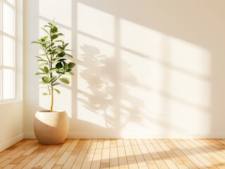 Poster - Potted plant in a room with sunlight casting shadows on a white wall, peaceful concept. Generative AI