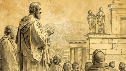 Wall Mural - Biblical Illustration of Paul Preaching on Mars Hill, Areopagus, Athenians Listening, Beige Background, Copyspace