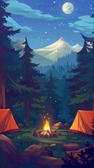 Wall Mural - illustration of night scene of Camp site with camp tent and camp fire in the pine forest, there is a huge mountain at background.