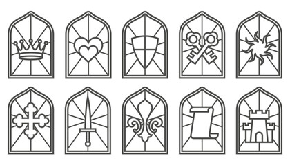 Poster - Church glass windows. Gothic vector arch frame with medieval symbols. Vintage architecture elements. Stained mosaic decoration set with crown, heart, shield and sword