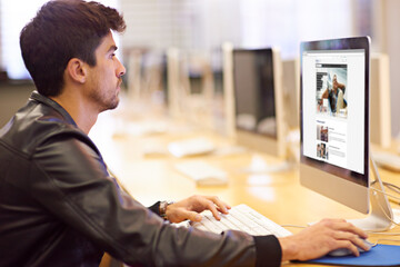 Poster - Man, student and computer for online course, study and research for higher education at college. Male person, distance learning and virtual class in library for tech access for language lesson