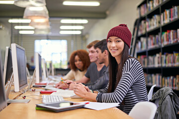 Poster - study group, students and portrait of girl in library for education, assignment or academic research
