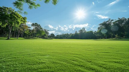 Wall Mural - Beautiful green grass field with trees and blue sky background at golf course. Generative AI.