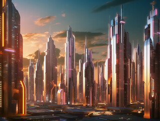 Poster - A futuristic cityscape at sunset with towering skyscrapers and lights, set against a vibrant sky, representing a science fiction concept. Generative AI