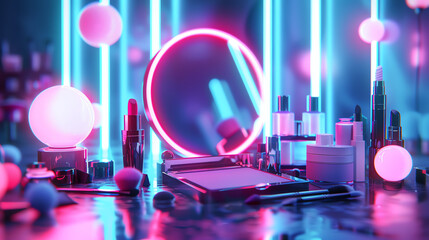 Various makeup products on a mirrored surface with bright pink and blue neon lights in the background.